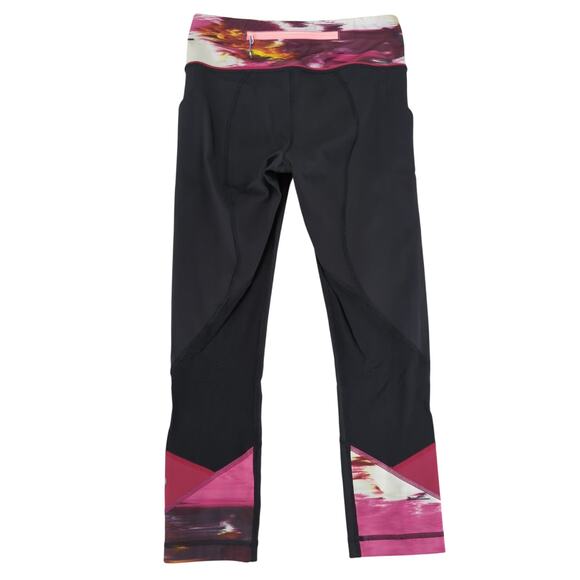 Lululemon Pace Rival Crop Leggings Capri Women's 4 Black Patterned Trim Pockets - Picture 2 of 7